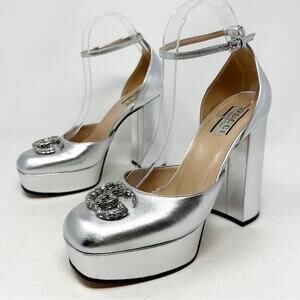 Gucci GG Metallic Leather Crystal Platform Pumps Size 38.5
